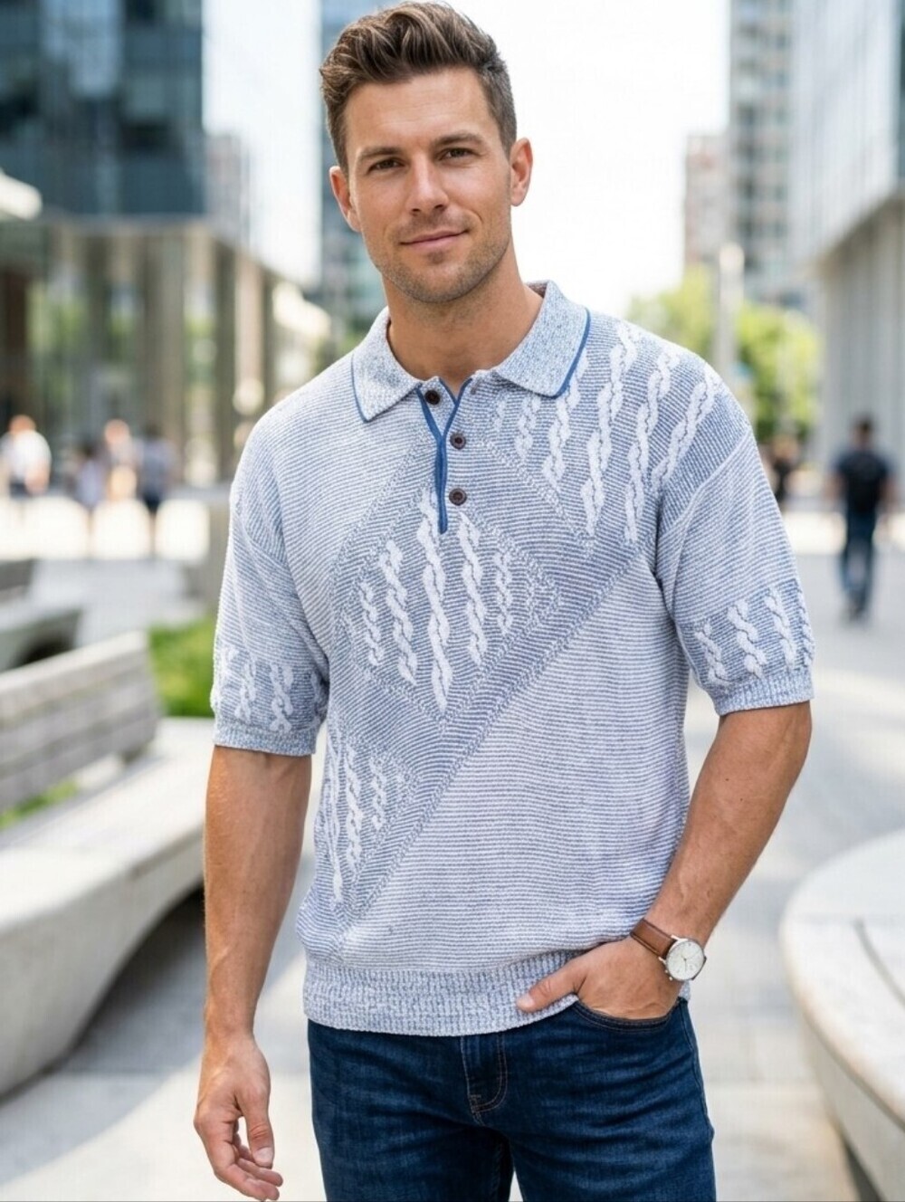 CALDWELL Men's Vintage Henley Cotton Short Sleeved Collared Sweater